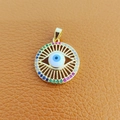 Golden Evil Eye pendant with colorful crystals and blue center on brown leather - 23-Gold Hollow Multi-color Stone Eye