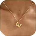 Gold plated initial W pendant necklace with box chain worn by female model - Gold W