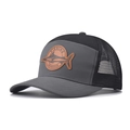 Detail of a dark gray trucker hat with fishing outdoors leather patch and mesh back - Dark Gray