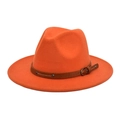 Close-up of bright orange wool fedora featuring a brown leather band and metal buckle - M (56-58cm) / Orange