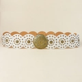 White and brown leather cutout belt with vintage round brass buckle for dresses - Bronze White