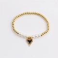 Bracciale di perle dorate con ciondolo a cuore in smalto nero e zirconi da donna - Perla con cuore nero e pietra colorata