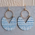Bohemian blue printed geometric wood earrings with gold hardware on gray stone - Tribal Geometric