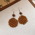 Detail of handmade ethnic wood bead earrings with round woven design on linen fabric - 37# Ear Hook - Coffee - Round