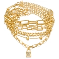Multi-layer gold chain bracelet set featuring heart beads and a crystal padlock pendant - 6 Pcs Gold Heart Padlock Set