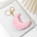 Portachiavi carino a forma di luna di peluche rosa con anello in metallo dorato - Rosa