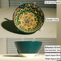 Cuenco bohemio de cerámica de 4,8 pulgadas verde oscuro con coloridos motivos florales - Cuenco con Patrón de Piedra de 4,8 Pulgadas / Verde