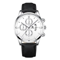 Detailed macro view of white dial with triple sub-dials and calendar window on silver watch - Black Strap Silver Case White Dial Silver Hands