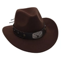 Detail eines Western-Cowboyhuts aus braunem Filz mit einer Bullenkopf-Metallschnalle - Einheitsgröße / Kaffeebraun