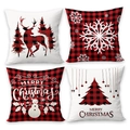 4er-Set Weihnachts-Kissenbezüge mit Karomuster und Elch-Motiven für die Dekoration - Schwarz Rotes Karo Hirsch Weihnachtsbaum 4er-Set (Ohne Füllung) / 45x45cm
