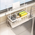 White stainless steel kitchen sink organizer with cloth rail and sponge holder - Deluxe Style-Stainless Steel Double Rods / White