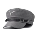 Gray flat top military hat with silver bull head logo and black leather trim band - M (56-58cm) / Gray