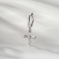 Silver hoop earring with cross pendant featuring sparkling transparent stones on fabric - Geometric Cross Style (A874-6)