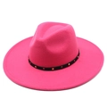 Detail of rose red fedora hat with 9.5cm wide brim and metal rivets on black band - M (56-58cm) / Rose Red