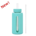 800ml mint green glass water bottle with silicone sleeve, straw, and cleaning brush - Tiffany Blue