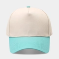 Detail showing beige crown and mint green brim of the five-panel cotton baseball cap - Beige/Peacock Blue