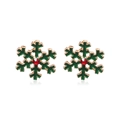 Golden snowflake earrings with green enamel and a red rhinestone center for women - Red Green Snowflake
