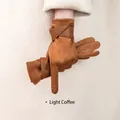 Women's light coffee suede winter gloves with elegant cross strap detail and lining - Light Coffee