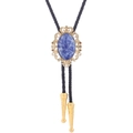 Detail of crown bolo tie featuring blue turquoise stone and gold metallic fringe tips - 1 (Gold with Blue Marble)