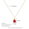 Detail view of 18K gold plated necklace with red teardrop pendant and size specifications - Red