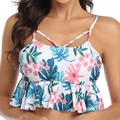 White tankini top with tropical leaf print and ruffled peplum design for women - S / Ink Flower Print