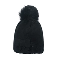 Gorro de invierno de punto negro con pompón de pelo sintético y decoración de lazo a juego - M (56-58cm) / Negro