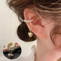 Elegant gold pearl ear cuff with double layer crystals and hanging heart charm - Pearl Heart Ear Cuff (Single)