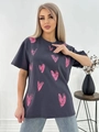 Oversize γκρι βαμβακερό t-shirt με ροζ καρδιά και ανοιχτόχρωμο τζιν παντελόνι - S / σκούρο γκρι