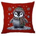 Red Christmas pillowcase featuring a 3D diamond art penguin with colorful winter scarf - Rhinestone Penguin