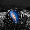 Luminous quartz watch for men featuring a galaxy dial and black mesh strap on stone bed - Mesh Band Style