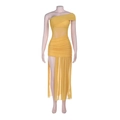 Detail eines gelben One-Shoulder-Netzkleides mit Raffung, transparenter Taille und Schlitz - XS / Gelb