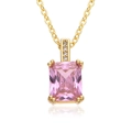 Detailed macro shot of rectangular pink gemstone pendant with gold chain and white zircons - Pink Rectangular Style (B298)