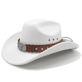 Detail of white felt cowboy hat with brown leather band and silver bull head ornament - M (56-58cm) / White