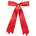Detailed view of a large red satin bow hair clip with elegant long trailing ribbons - Red