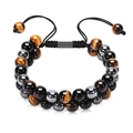 Detail of double-layer beaded bracelet featuring tiger eye stones and adjustable cord - Yellow Tiger Eye with Buckle