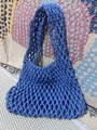 Blue hand-woven cotton rope bucket bag with hollow mesh design for beach vacation style - With Inner Bag / Dark Blue