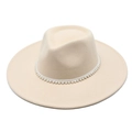 Elegant beige flat top wool fedora hat for women with white pearl strand decoration - M(56-58cm) / Beige
