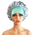 Floral satin sleep bonnet in light mint green with wide elastic headband for hair care - 10864 Light Green Floral