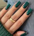 Close-up of glossy deep forest green long coffin press-on nails with polished finish - Glossy Dark Green Long Square Style (CW693) / Yellow Jelly Glue + Nail File
