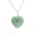Detail view of handmade silver wire wrapped heart green stone tree of life pendant necklace - Silver+Aventurine