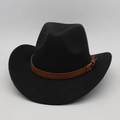 Classic black wool felt cowboy hat with wide brim and brown faux leather band detail - One Size / Black (With Brown Belt)