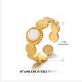 Adjustable gold stainless steel ring with round white stone and hammered texture - White Jade Style (ZN010-3)