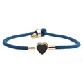 Adjustable dark blue braided cord bracelet with a gold-edged black heart pendant charm - Blue Rope with Black Heart