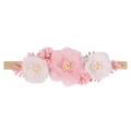 Elastic nylon baby headband featuring soft pink and white fabric flowers and rhinestones - Style 12 (12)