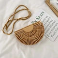 Semicircle straw crossbody bag with beaded strap and natural bamboo woven texture - Small