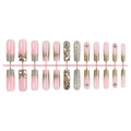 Faux ongles French rose et doré avec strass luxueux et breloques en forme d'étoile - 24 Pièces en Bande (A2-14199)