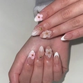 3D floral almond press-on nails with white French tips and gold starfish charms - 3D Relief Flower Starfish French Style (JP4052)