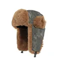 Vintage gray denim trapper hat with brown faux fur lining and chin strap buckle - One Size / Black