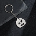 Silver stainless steel keychain featuring a hollow lion head pendant on a rock surface - Lion Head