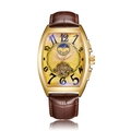 Men's tonneau automatic mechanical watch with gold case, brown leather strap, and moon phase - Brown Strap Gold Case Gold Dial